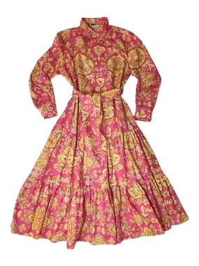 GALIBAN Bright Pink Paisley Maxi Shirt Dress Cotton
